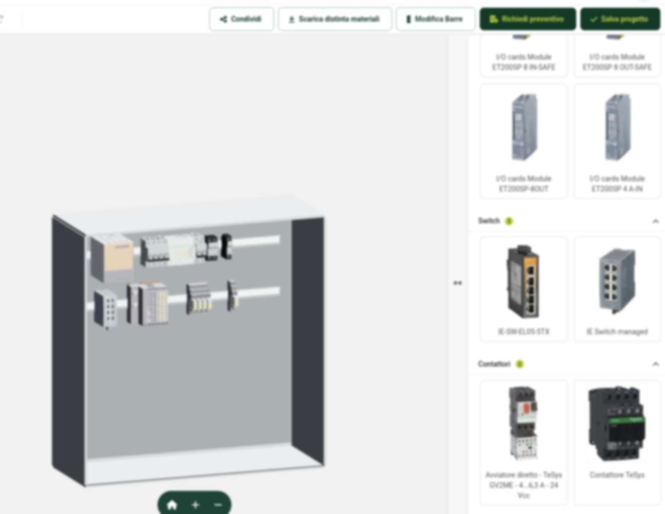 Vista 3D del quadro con catalogo componenti